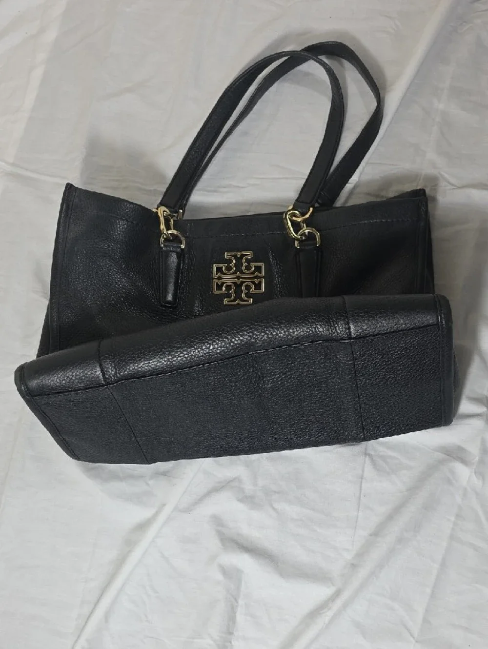 Tory Burch Black Pebbled Leather Double-Handle Tote with Gold Logo Emblem